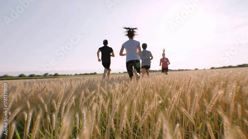Young people and children running through golden wheat field sunny day, enjoying outdoor exercise and nature joyful environment