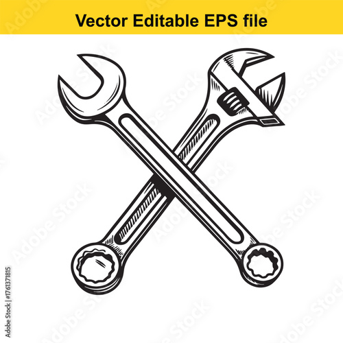 Vector art of crossed adjustable wrench and openend wrench, hand tool