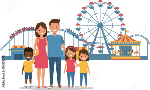 Family at amusement park, happy parents with three kids, Ferris wheel, roller coaster, carousel, joyful day, summer fun, outdoor adventure