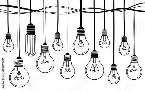 Hanging Light Bulbs Illustration Decorative Lighting Fixtures Black and White Vector Design Electric Lamp Idea Concept Creative