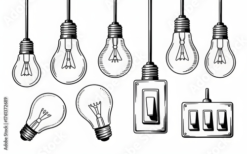 Assorted Light Bulbs and Switches Illustration Black and White Vector Design Lighting Solutions Electricity Saving Modern