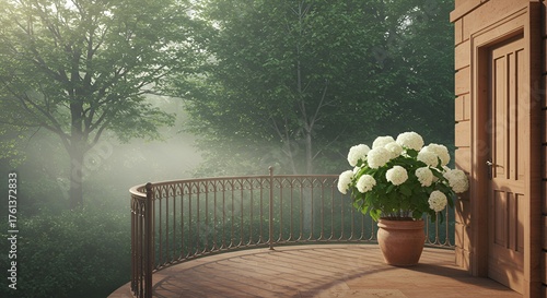 Sunlit balcony view features vibrant hydrangea pot, detailed railing and lush trees afar.