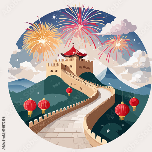 Great Wall of China with Fireworks and Lanterns — Festive Lunar New Year Night Vector