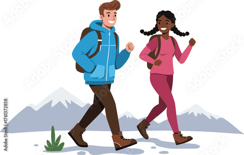 Hiking adventure in alpine mountains, energetic couple trekking outdoors, snow-capped peaks, nature exploration, winter travel, scenic wilderness, active lifestyle, backpackers