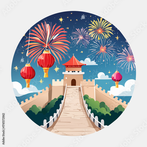 Great Wall of China with Fireworks and Lanterns — Festive Lunar New Year Night Vector