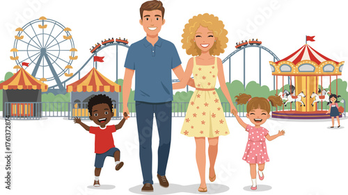 Happy family at amusement park, smiling parents with kids, Ferris wheel, roller coaster, carousel, joyful outing, summer fun, outdoor adventure