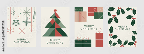 Merry Christmas Greeting Card Set – Cute retro flat design elements with holiday gifts, Christmas tree, toys, gingerbread cookies, and winter decor. Vector templates for festive cards, posters, 