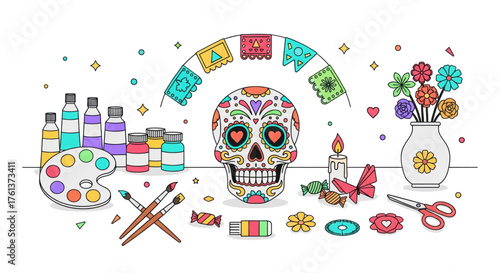 Vibrant dia de los muertos sugar skull art supplies and crafting fiesta celebrating mexican culture and creativity vector