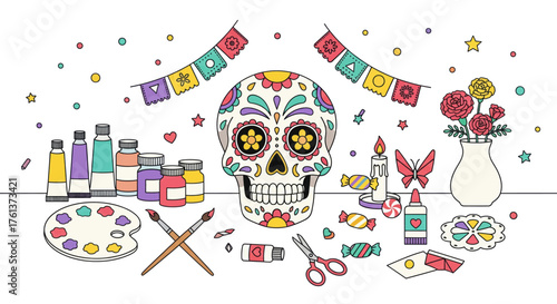 Dia de los muertos sugar skull art supplies and decorations festive celebration creative expression and artistic design elements for festive occasions vector