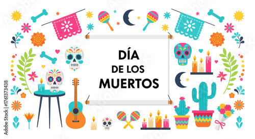 Dia de los muertos celebration fiesta banner featuring sugar skulls maracas guitar cacti flowers pumpkins festive decorations and candles vector