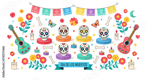 Vibrant dia de los muertos celebration scene with sugar skulls marigolds guitars and festive papel picado bunting vector