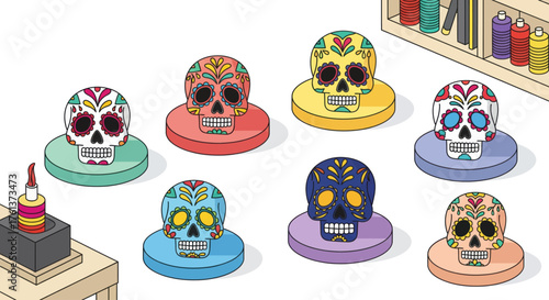 Colorful day of the dead sugar skulls displayed artfully celebrating mexican culture festive decorations and traditions vector