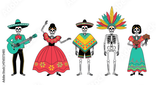 Whimsical day of the dead skeletons in traditional mexican attire playing music and dancing celebrating el dia de los muertos festive tradition vector