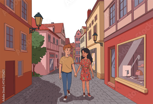 Romantic couple walking, cobblestone street, European town, colorful buildings, floral dress, shop window, summer day, love, charm, travel
