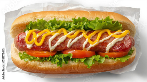 illustration of a serving of hotdogs and sausages, tomatoes, lettuce with mustard and mayonnaise sauce