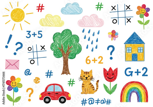 Vector illustration of childrens drawing of various elements like sun, clouds, and math