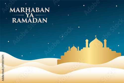 Lettering, Illustration Marhaban Ya Ramadan with Golden Mosque Silhouette Against A Starry Night, Vector Calligraphy Design, Usable for Poster, Banners, Postcards, Wallpaper, Gifts etc.