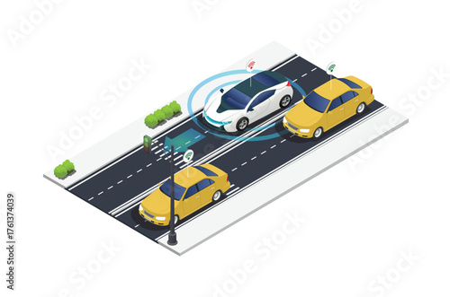 ISometric Driverless or self driving car at road. Futuristic autonomous vehicle remote sensing system. suitable for vehicle-related digital assets