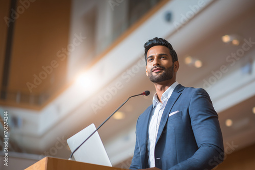 Confident speaker presenting on stage with laptop