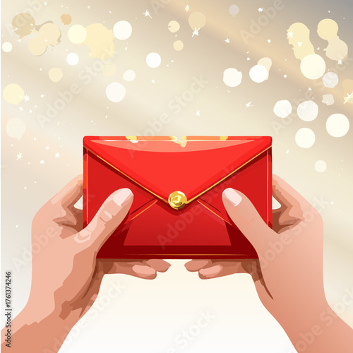 Hands Holding Red Envelopes with Golden Seal — Lunar New Year Gift Packet Vector