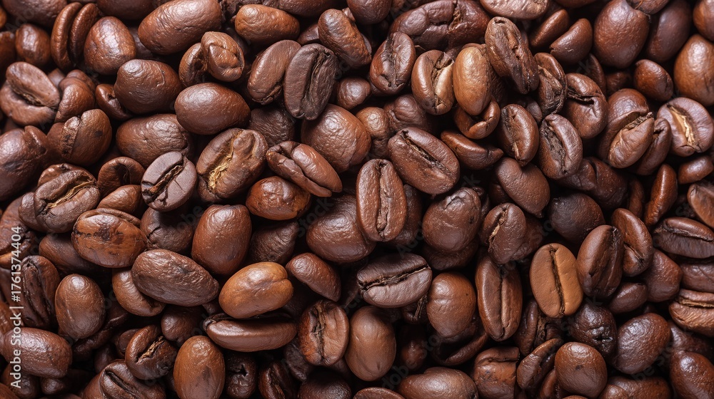Obraz premium Roasted coffee beans filling the frame, creating a rich brown texture and background