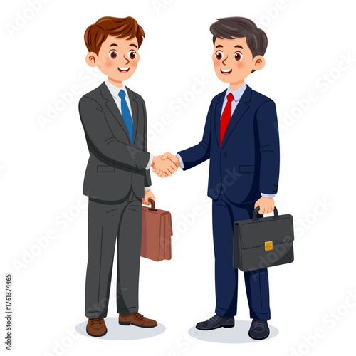 Two businessmen, wearing suits and ties, hold briefcases and shake hands in agreement