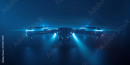 Futuristic drone with glowing blue lights hovers in dark, atmospheric haze.