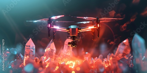 Futuristic drone hovers over glowing crystals in a dark, atmospheric scene