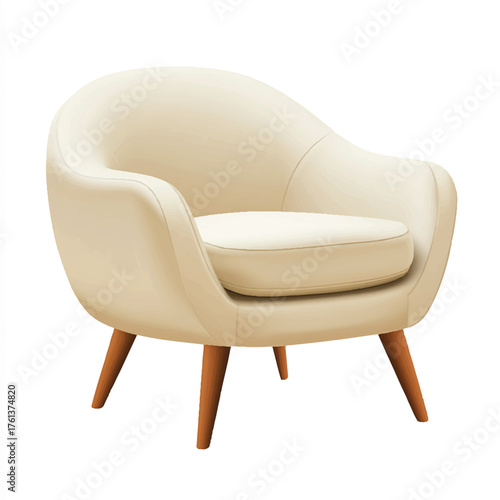Elegant CreamColored Armchair with Wooden Legs on White Background.