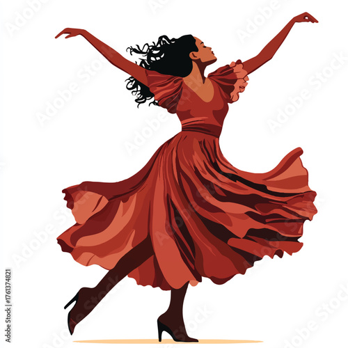 Elegant dancer in a flowing red dress gracefully poses with arms raised.
