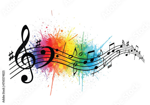 Vector illustration of colorful musical notes and treble clef with paint splashes