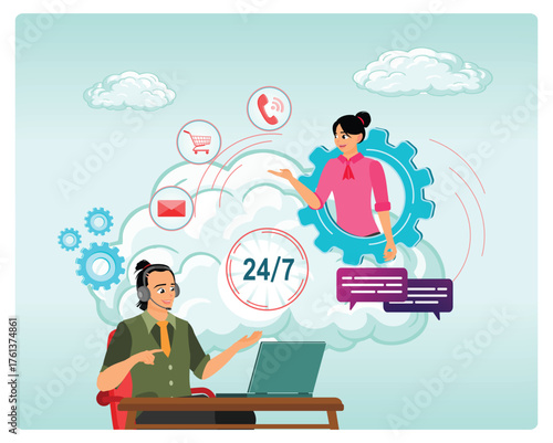 24/7 Service. Customer Service Team Connecting Cloud, Chat, And Gear.