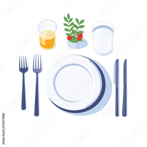 Elegant dining table setting with plate cutlery and drinks.