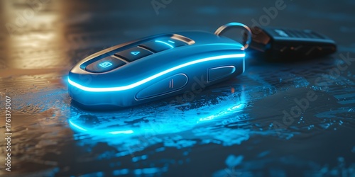 Futuristic glowing car key with neon blue light on wet surface