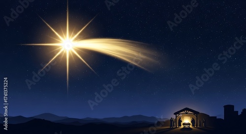 Bright star over stable in dark night sky