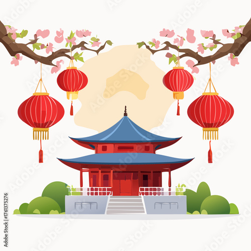 Asian Temple with Lanterns and Cherry Blossoms — Tranquil Cultural Vector Illustration for Festivals and Spring Decor