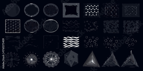 Collection of abstract geometric shapes and textures in monochrome dark background