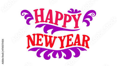 Happy new year typographic lettering with red and purple decorative flourishes
