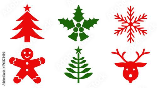 Christmas icon set with tree, holly, snowflake, gingerbread man, and reindeer silhouettes
