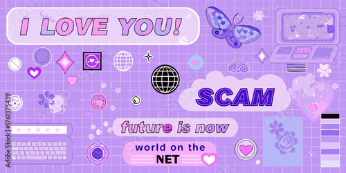 Digital love and online scams with a retro aesthetic and butterfly motifs