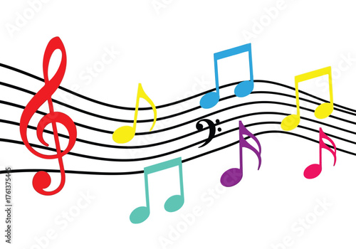 Vector illustration of colorful musical notes on a staff