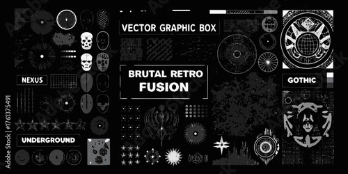 Brutal retro fusion vector graphic elements collection with skulls and gothic designs