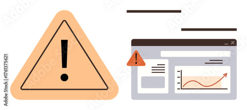 Warning triangle with exclamation mark beside a digital dashboard graph rising sharply. Ideal for risk management, data analysis, alert systems, finance, business forecasting, caution, safety. Simple