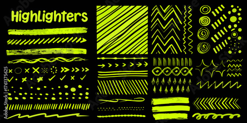 Collection of neon yellow highlighter pen stroke elements and doodles on black background
