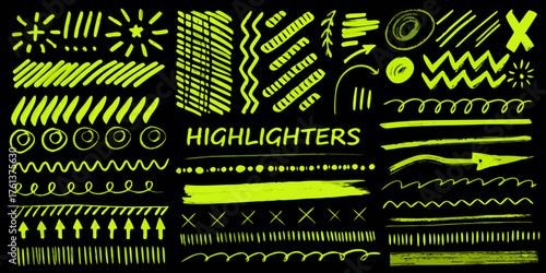 Collection of bright yellow highlighter pen strokes and doodles on a black background