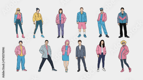 Diverse group of people in stylish casual outfits, vector illustration for fashion and lifestyle designs