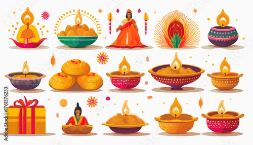 Vibrant collection of decorative oil lamps, sweets, and a woman in traditional attire, celebrating a festive occasion with glowing flames and bright colors.