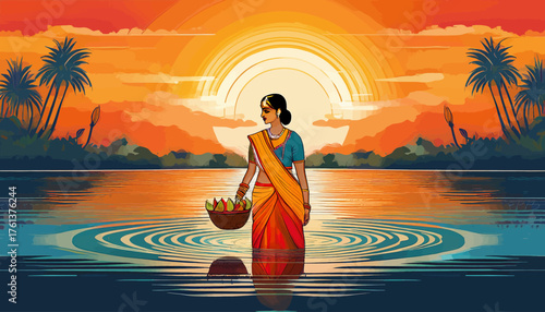 A woman in traditional attire stands in tranquil water holding a basket of fruits against a vibrant sunset sky with palm trees lining the shore.