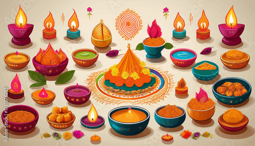 A vibrant collection of traditional Indian festive items, featuring lit oil lamps, colorful powders, and sweets, arranged for a cultural celebration.