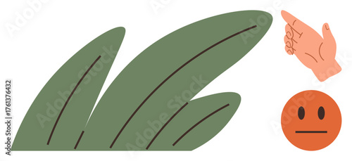 Hand gestures toward a neutral orange face near stylized green leaves. Ideal for communication, social behavior, nature, reaction, emotion, simplicity, mindfulness. Simple flat metaphor